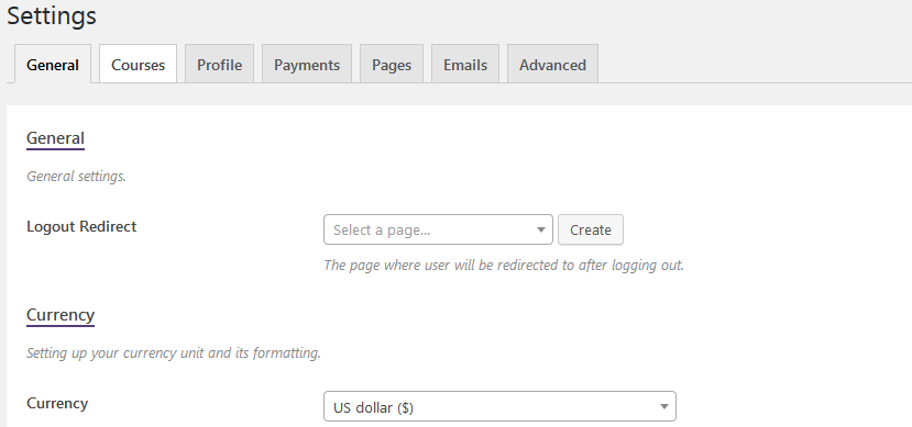 courses management settings