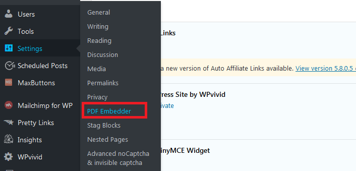 Select PDF Embedder plugin in WordPress menu