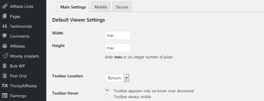 PDF Embedder plugin settings