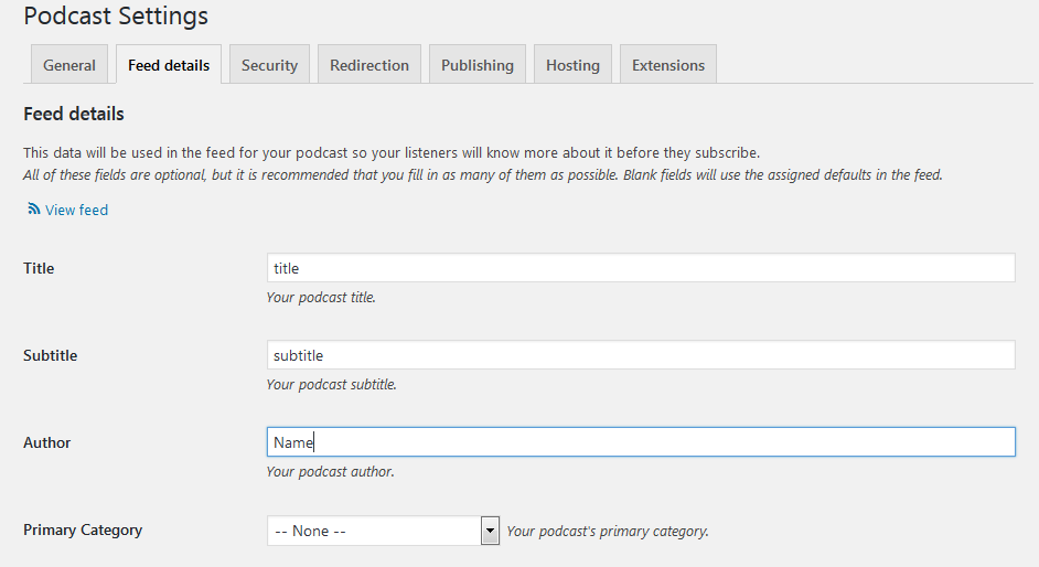 Podcasting settings feed details