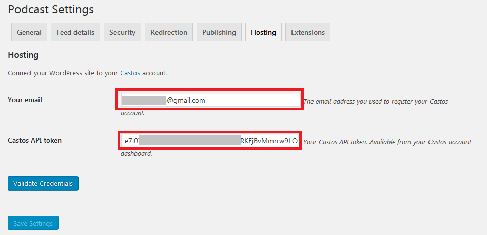 Podcasting settings hosting credentials validating