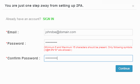 Register for an account to setup 2FA