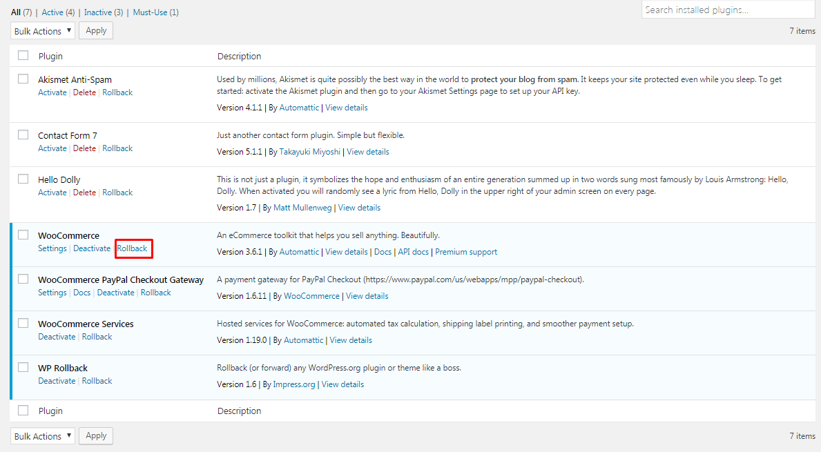 Rolling back wordpress plugins