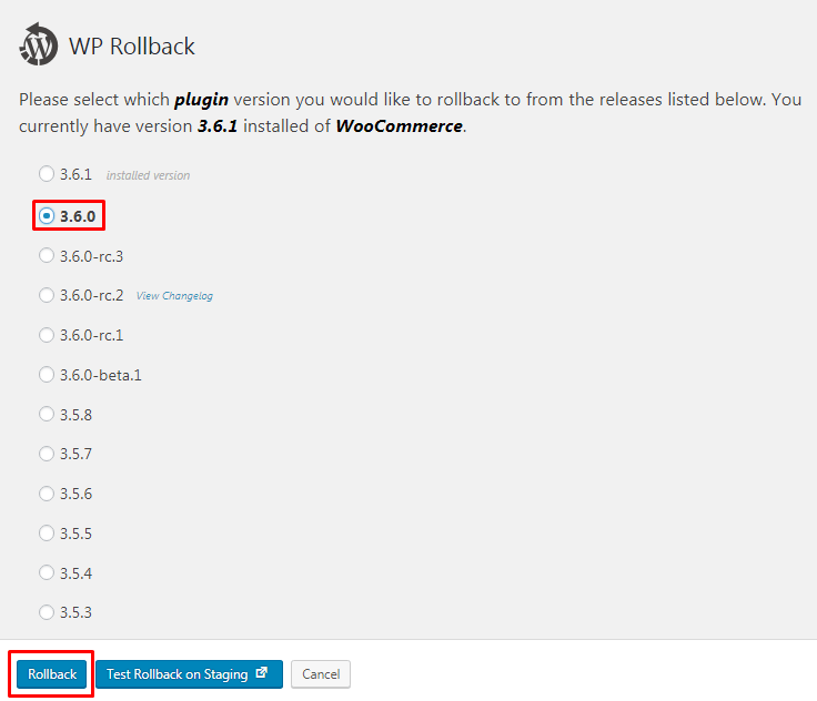 Select the plugin version to rollback