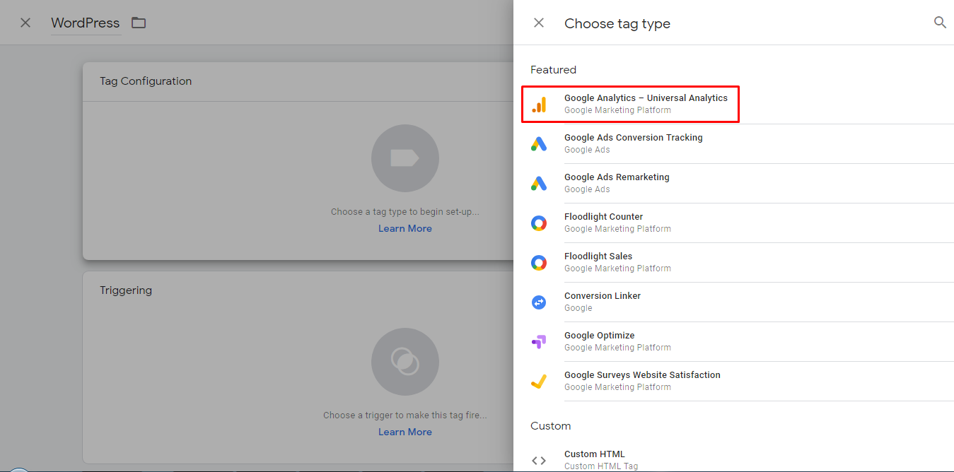 Set the types of the new Google tag