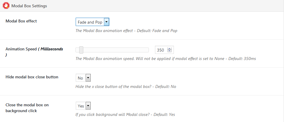 Modal box settings