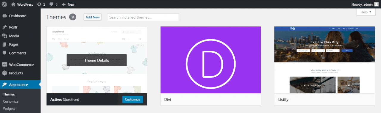 Themes list in wordpress dashboard