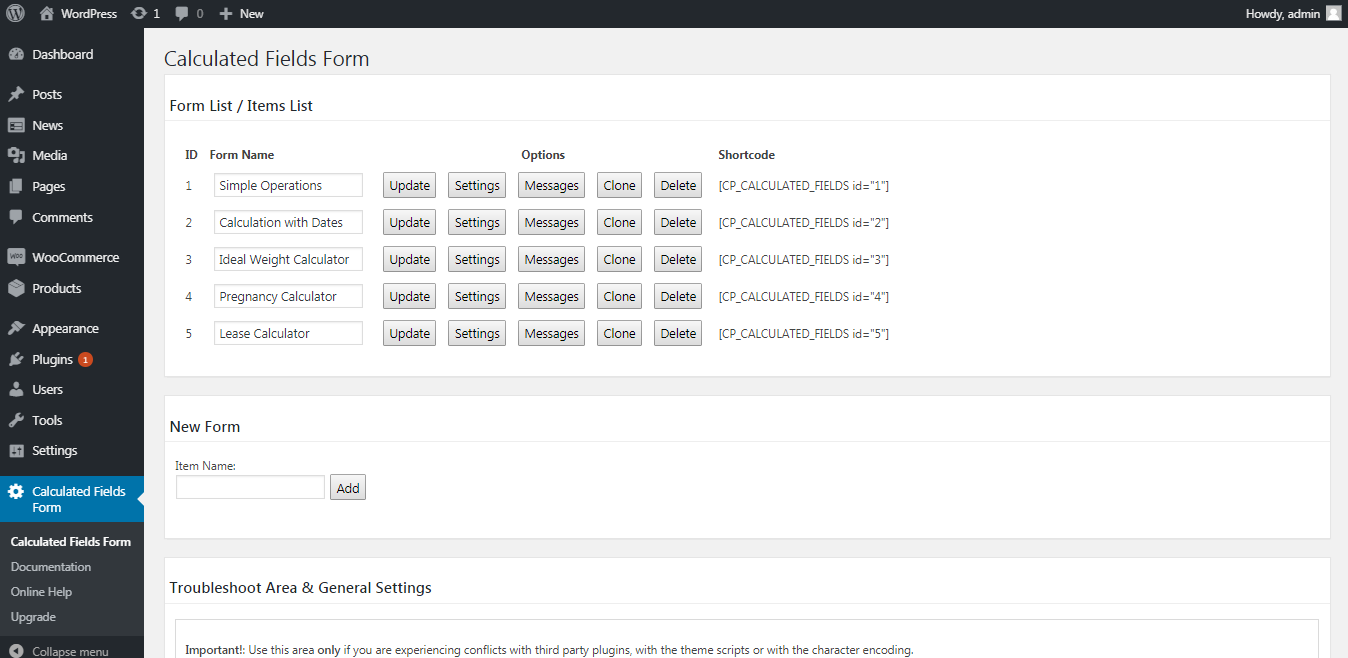 Calculated Field Form plugin menu