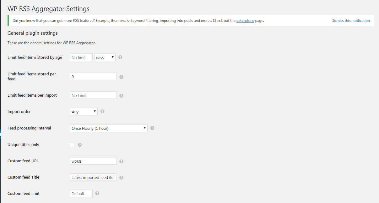 WP RSS Aggregator plugin setting menu