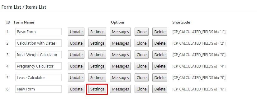 edit a new form in Calculated Fields Form plugin menu