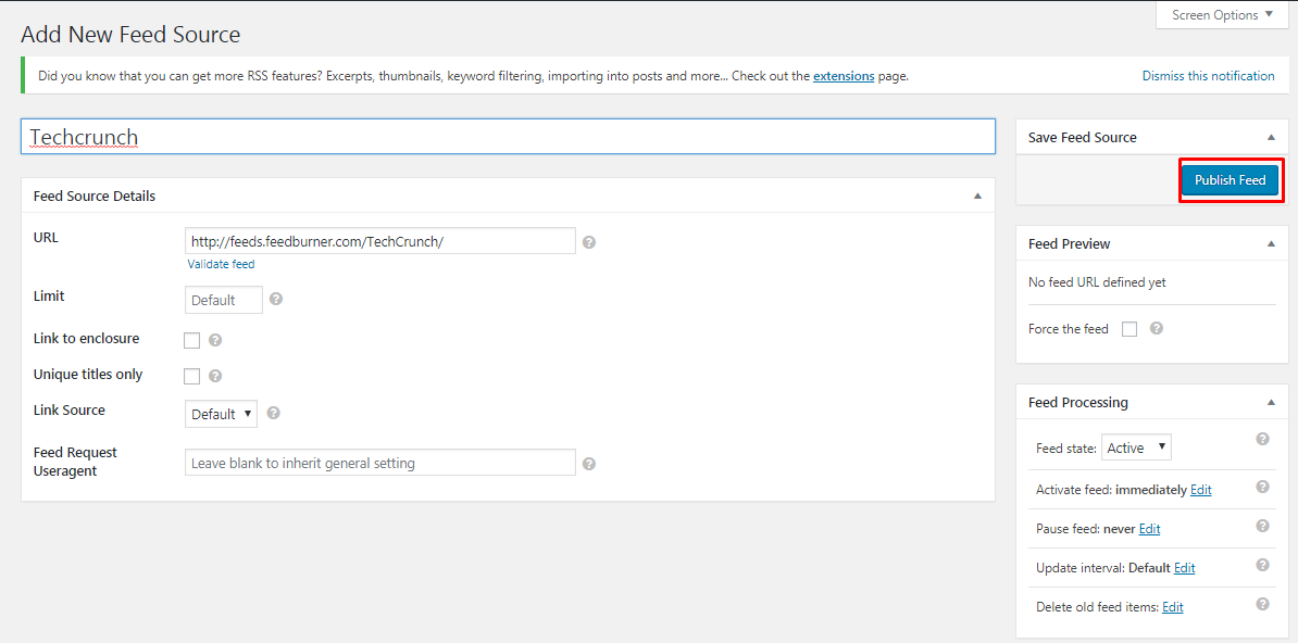 fill out the feed source url and publish feed
