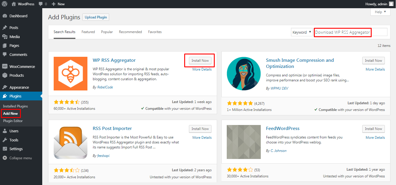 Installing WP RSS Aggregator plugin