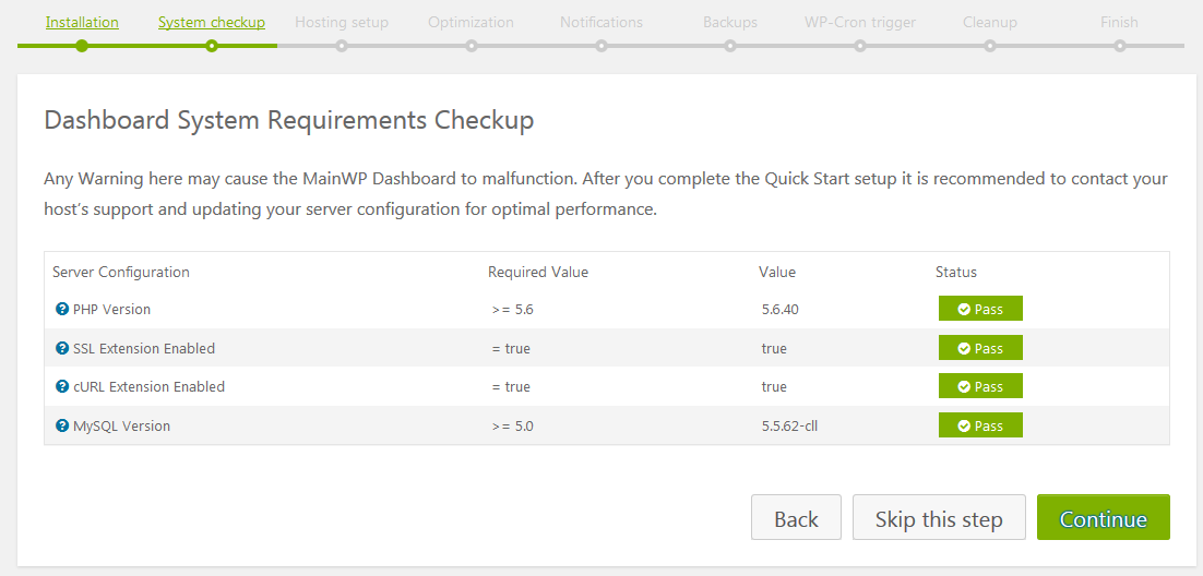 Mainwp dashboard wizard checkup