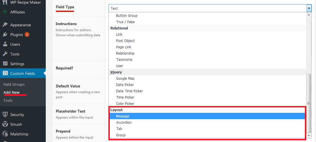 no table field in the field type of Advanced Custom Fields