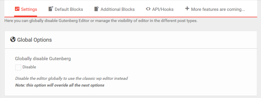 option to disable gutenberg editor globally
