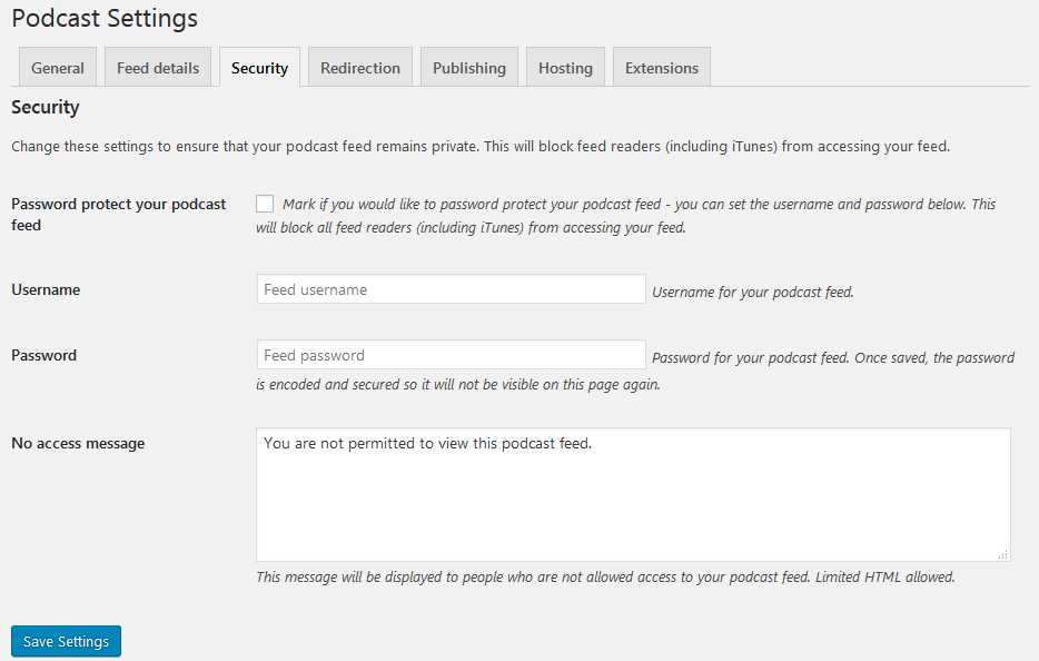 Podcasting feed security settings