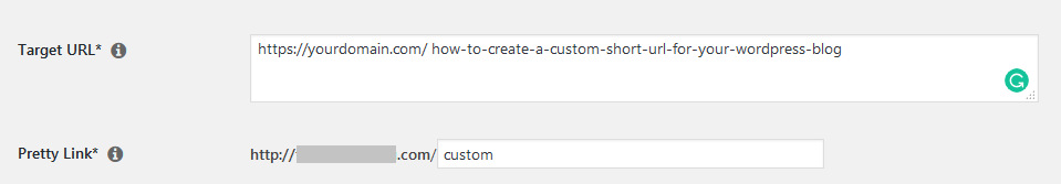 prettylinks shortened url for a wordpress blog