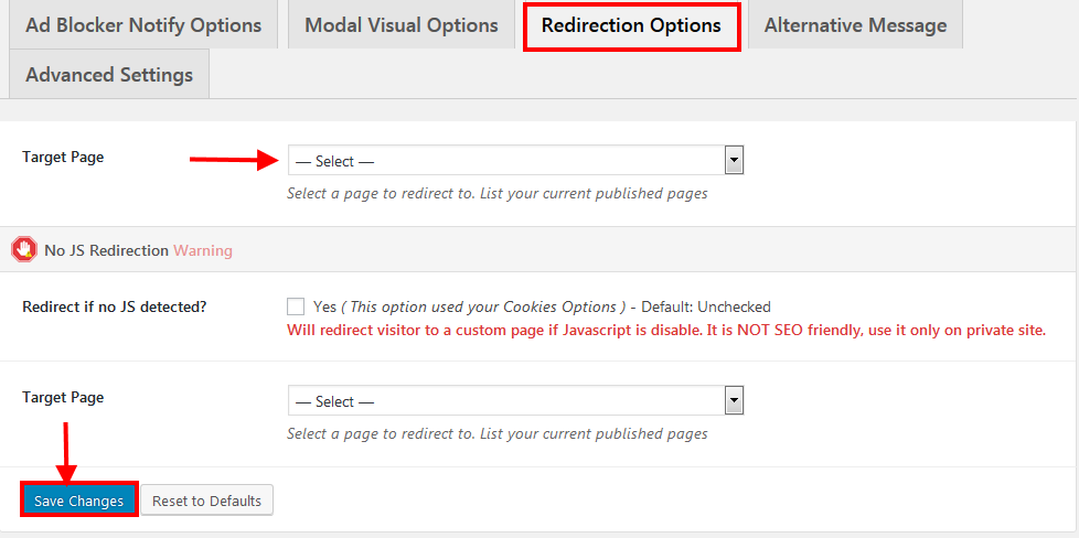 Settings redirection options