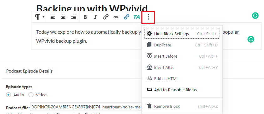 Transform block tools extras options