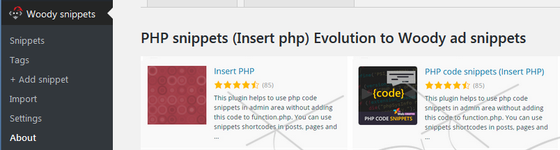 woody ad snippets plugin menu