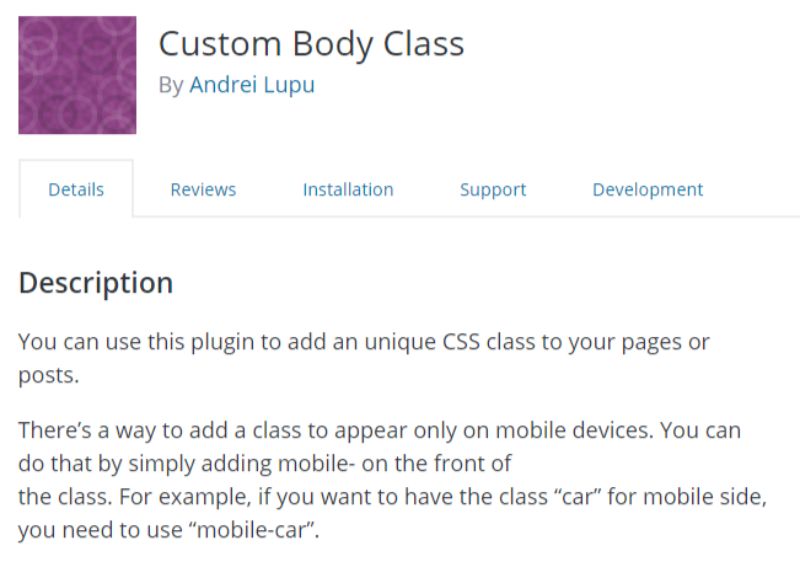 Custom Body Class plugin