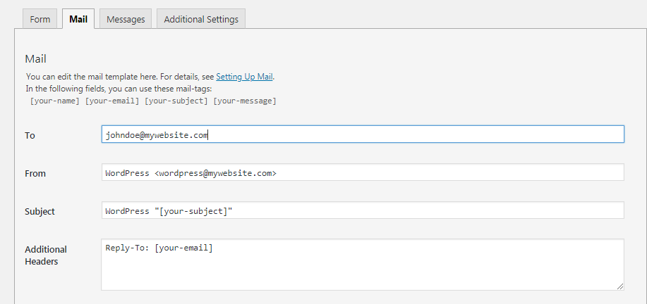 Define the email settings of the contact form