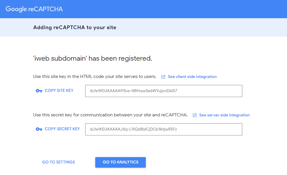 Sign up google recaptcha and get keys