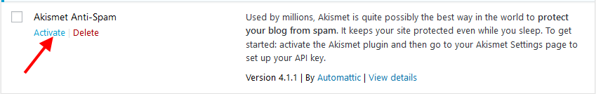 Activate Akismet WordPress plugin