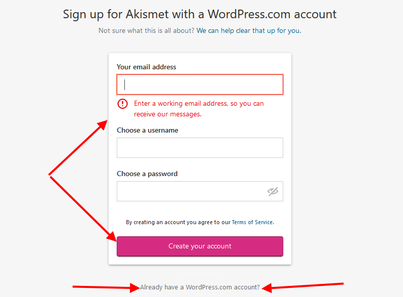 Sign up for Akismet with a wordpress.com Account