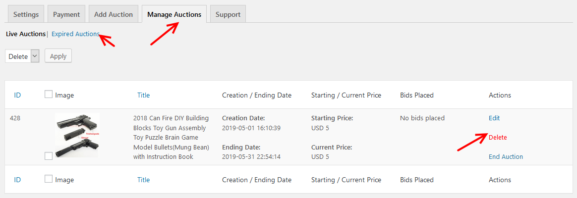 Manage auction settings