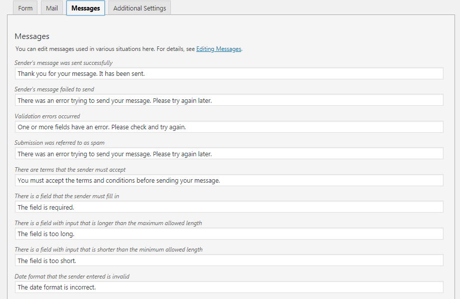 Define messages for the contact form