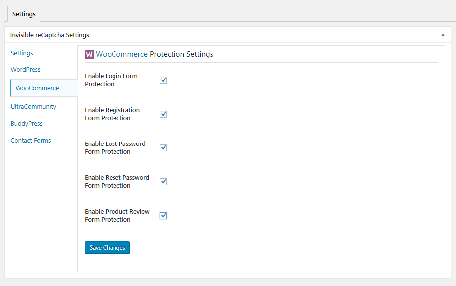 enable reCaptcha in Woocommerce, UltraCommunity, BuddyPress or Contact Forms