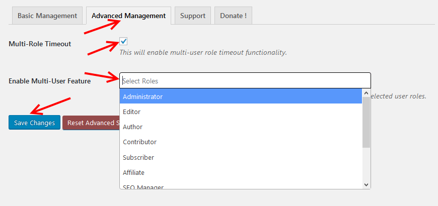 Inactive Logout plugin advanced management settings