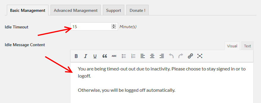 Inactive Logout plugin basic management settings