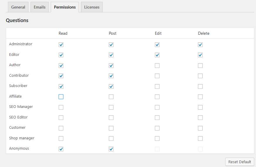 Permissions settings