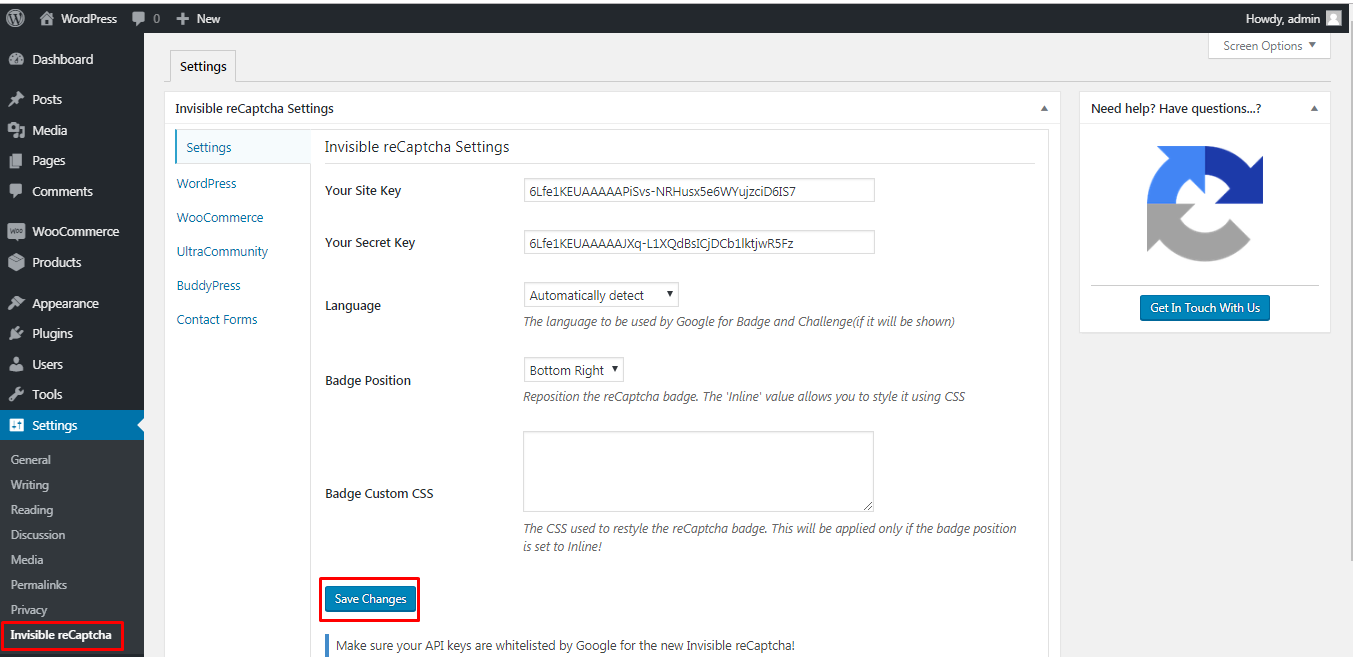 Enter the keys in Invisible reCaptcha plugin