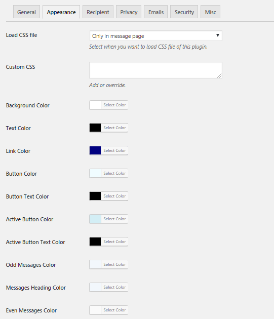Front End PM plugin appearance settings