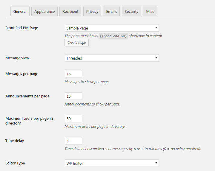 Front End PM plugin general settings