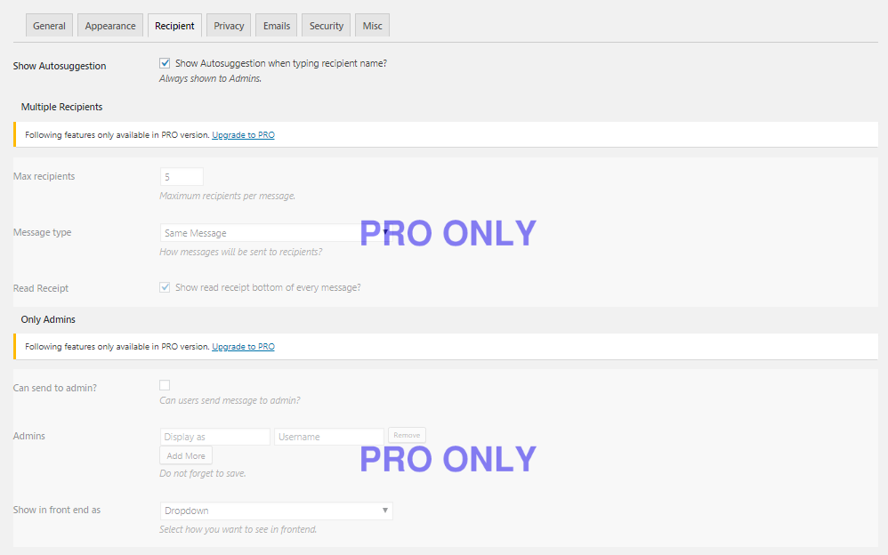 Front End PM plugin pro settings