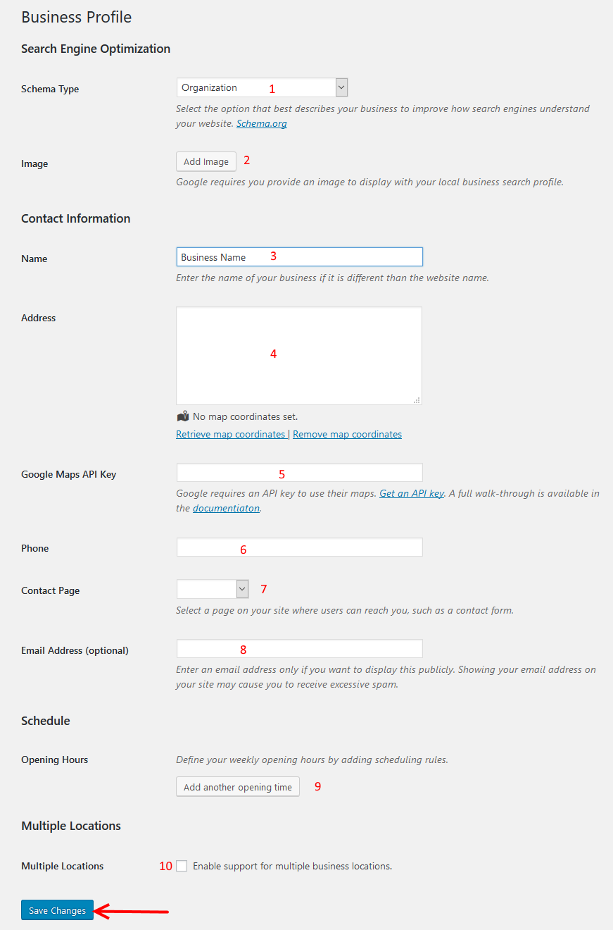 Business Profile plugin settings