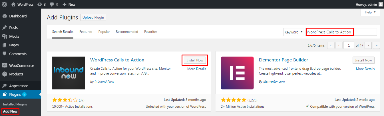 Install WordPress Calls to Action plugin