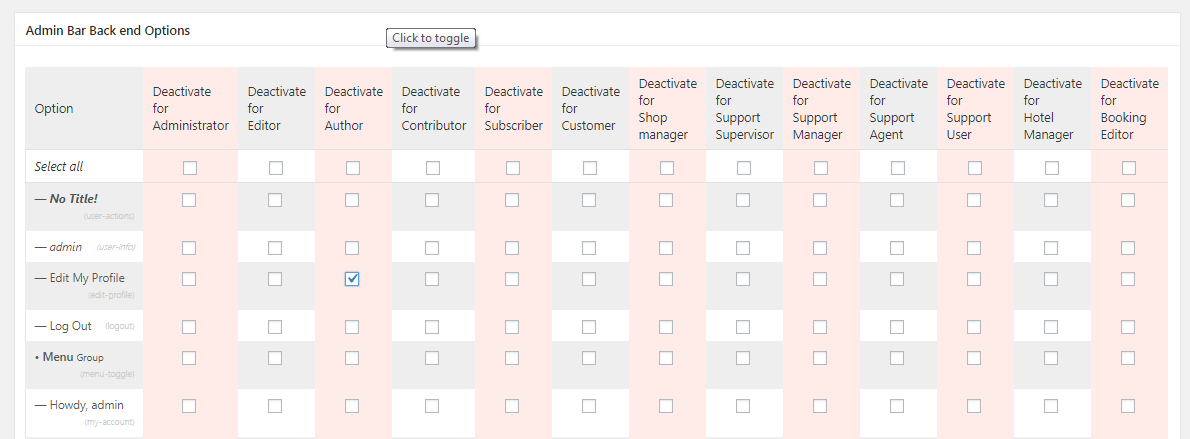 Admin bar back end options