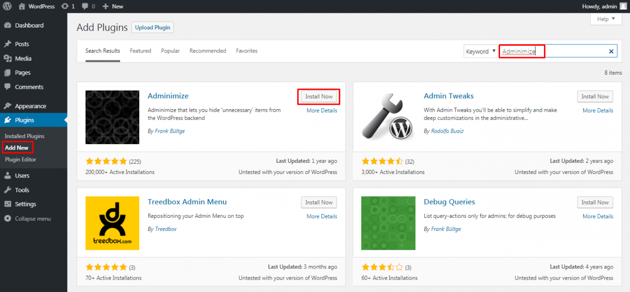 Installing the Adminimize WP plugin