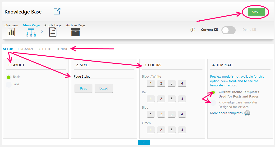 Configure the knowledge base main page