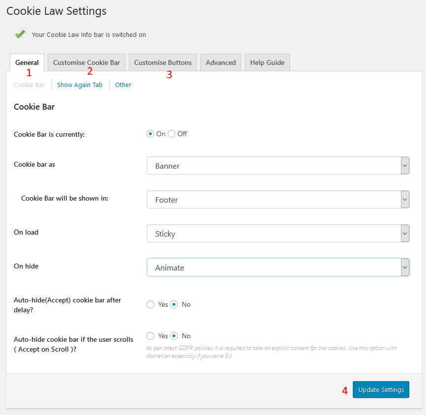 Configure Cookie Law Settings