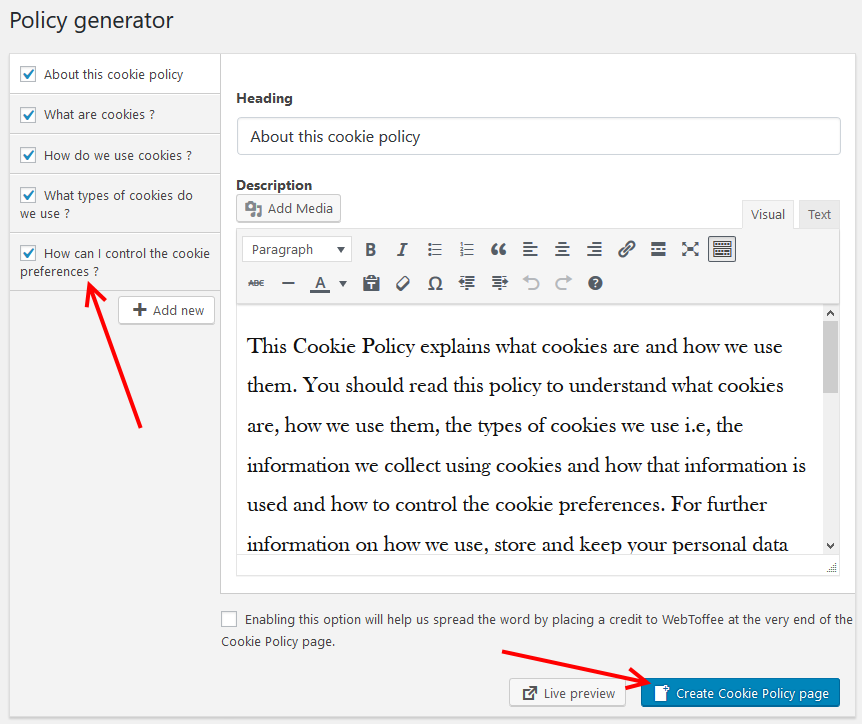 Publish Cookie Policy Page