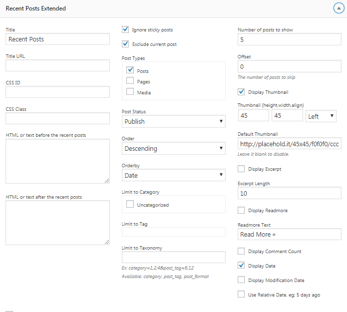 recent post widget settings