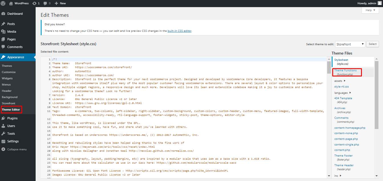 Editing the functions php file