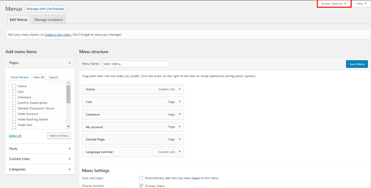 Configuring screen options