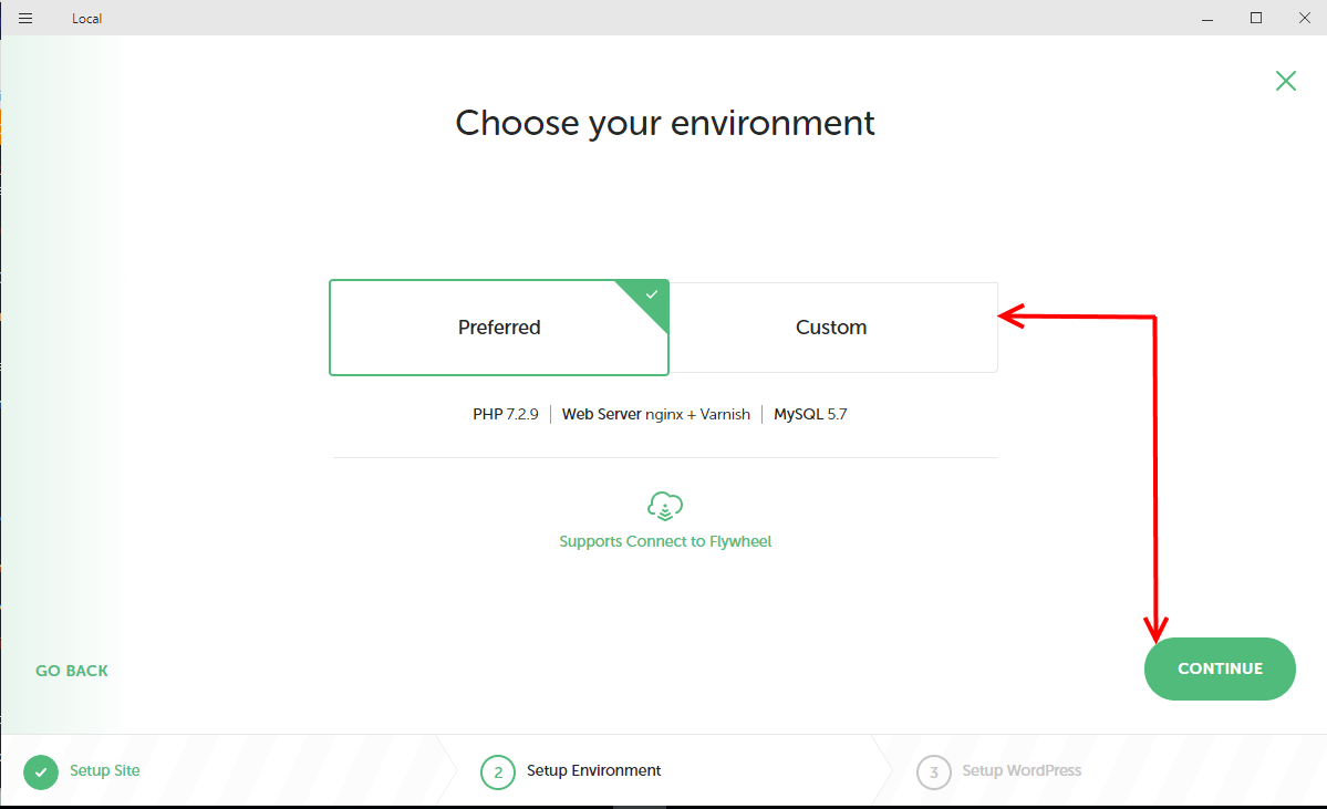 Choose environment for new site on Local by Flywheel